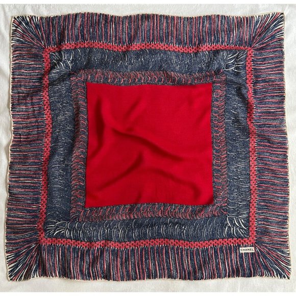 Chanel Red Silk 33 inch Square Scarf Red Blue Shawl